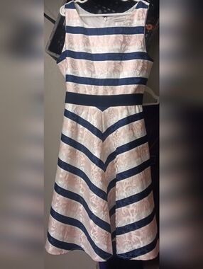 Girls Sz. 14 Sweet Heart Rose Navy and Blush Striped Fit-and-Flare Dress